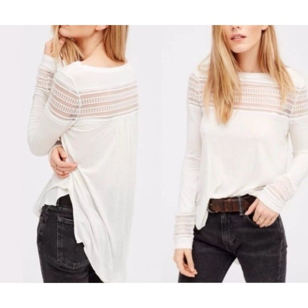 Anthropologie FREE PEOPLE Top Ivory S Small NWT Long Sleeve Sheer Trim NEW